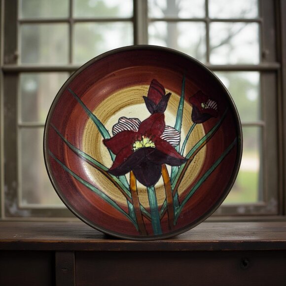 Vintage Capri Italy Porcelain Wall Bowl with Brass Back, Hand-Painted Iris, 6” D - Picture 2 of 10